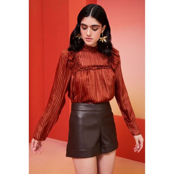 Marie Oliver Tops - Marie Oliver Estelle Blouse - Silk Metallic Stripe Ruffled Neck Top